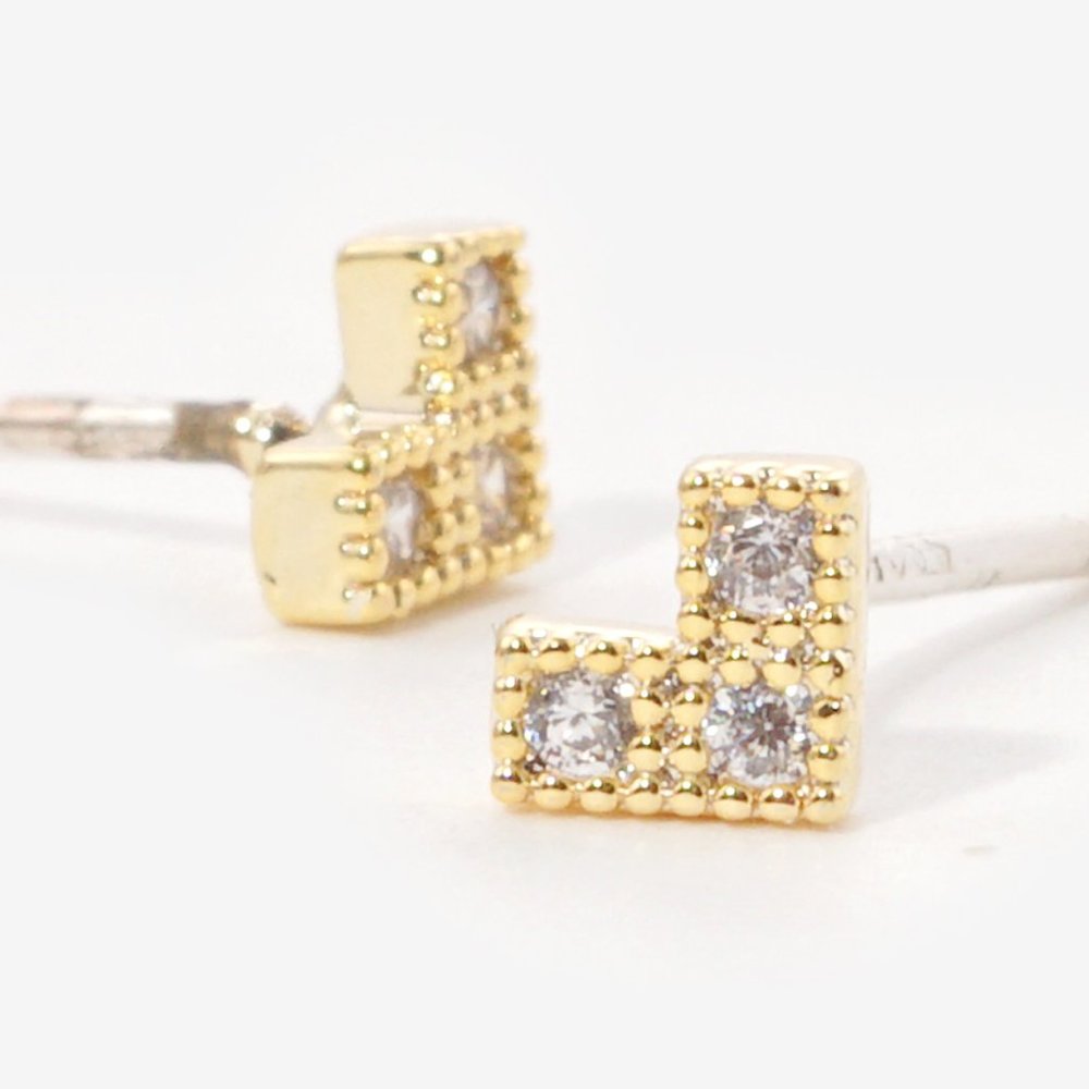 Gold Dipped CZ Pixel Heart Dainty Sterling Silver Post Earrings